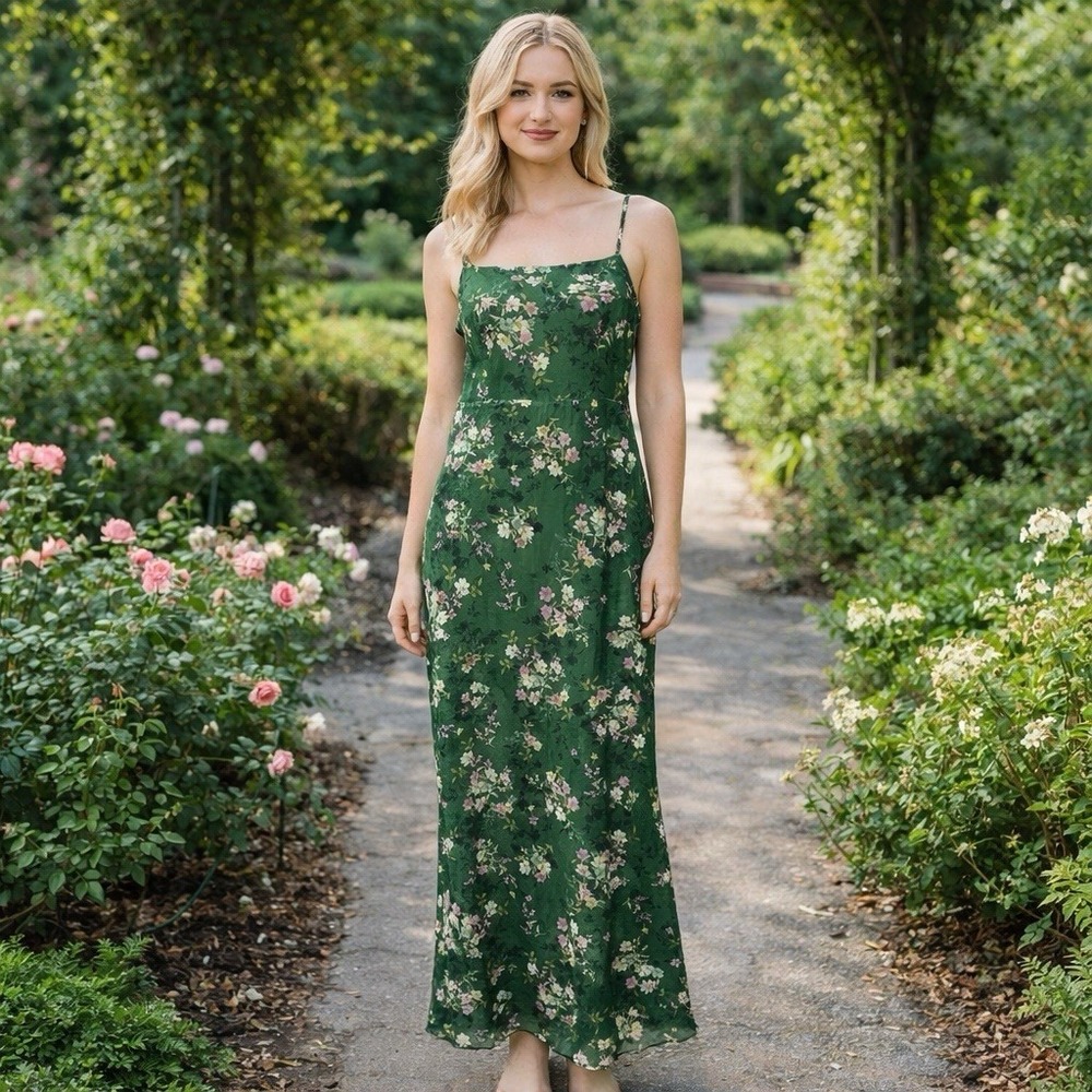 NEW Lost + Wander Green Floral Mesh Overlay Maxi Dress Fairy Cottagecore S